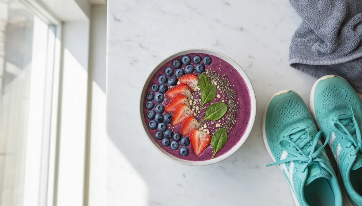 Post-workout anti inflammatory smoothie bowl with berries and seeds for athletic recovery and joint health
