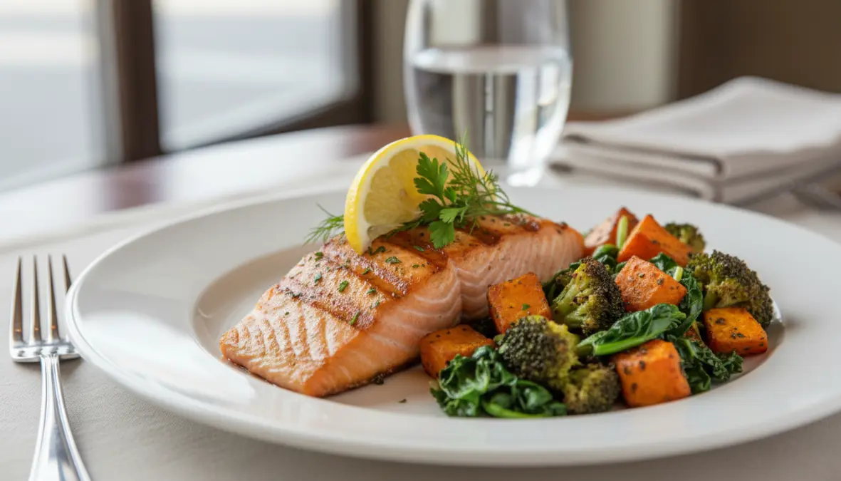 Salmon with vegetables anti inflammatory meal for athletes showing omega-3 rich foods for muscle recovery