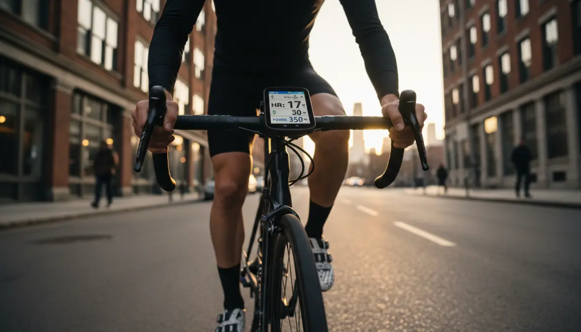 Cyclist monitoring heart rate zones and power output during bike commute workout