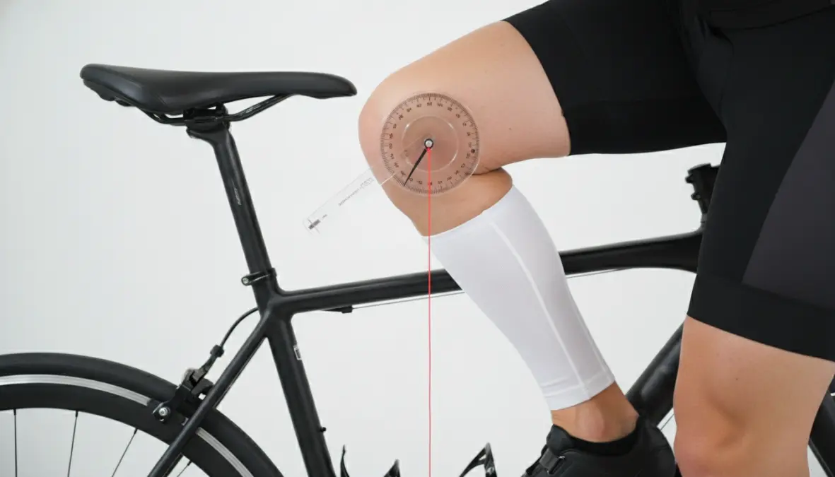 Proper saddle height adjustment demonstration showing correct knee alignment and cycling biomechanics for bike fitting