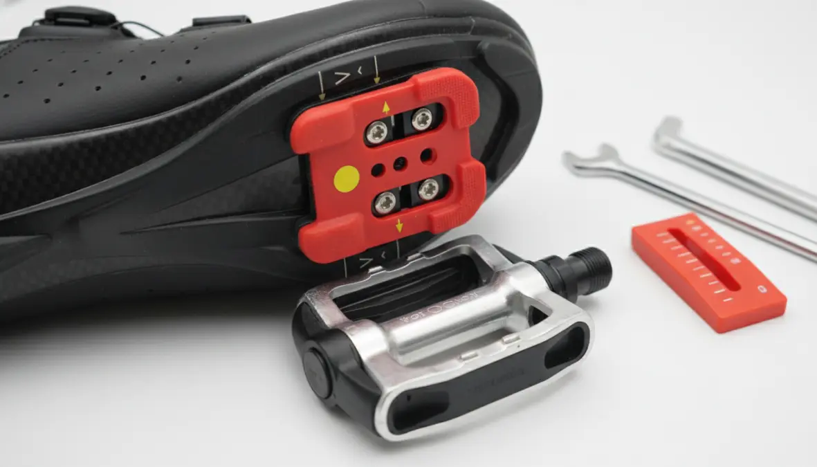 Proper cleat position on pedal showing correct alignment for optimal pedaling efficiency and knee alignment cycling