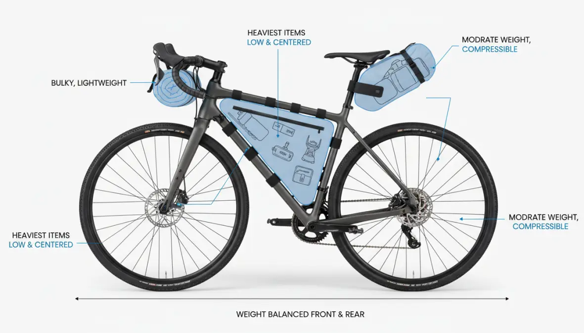 Proper bikepacking setup showing weight distribution across frame bags, saddle bag and handlebar bag