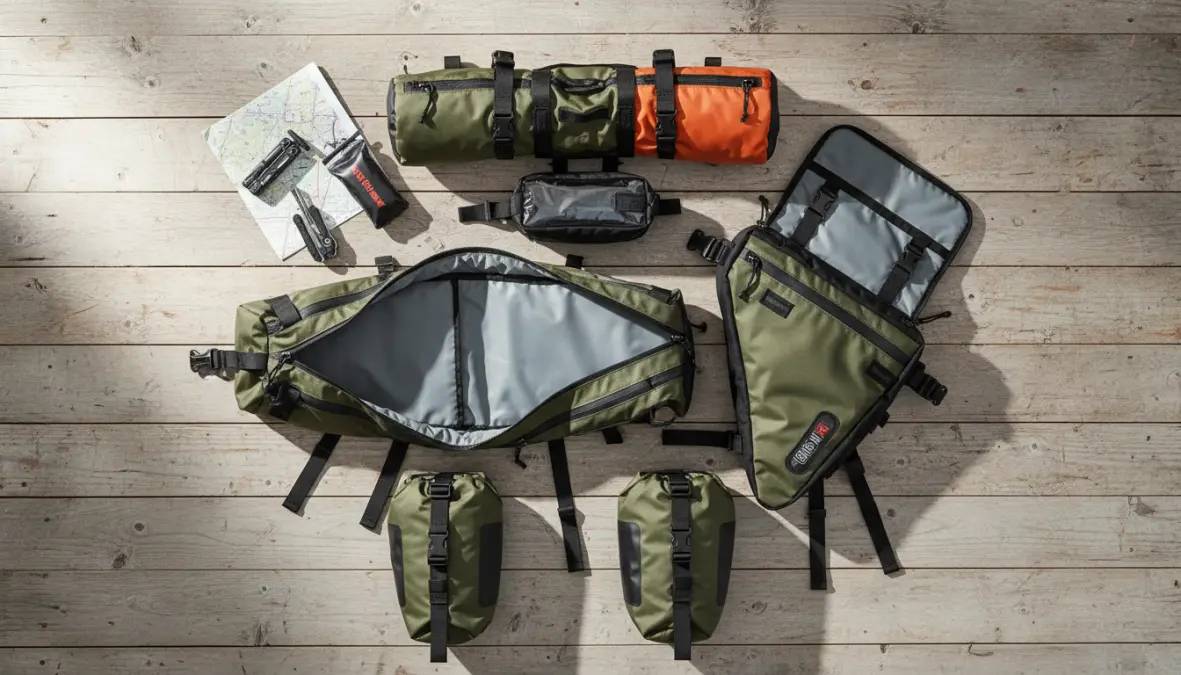 Complete bikepacking bags and storage systems including saddle bag, frame bag, and handlebar bag