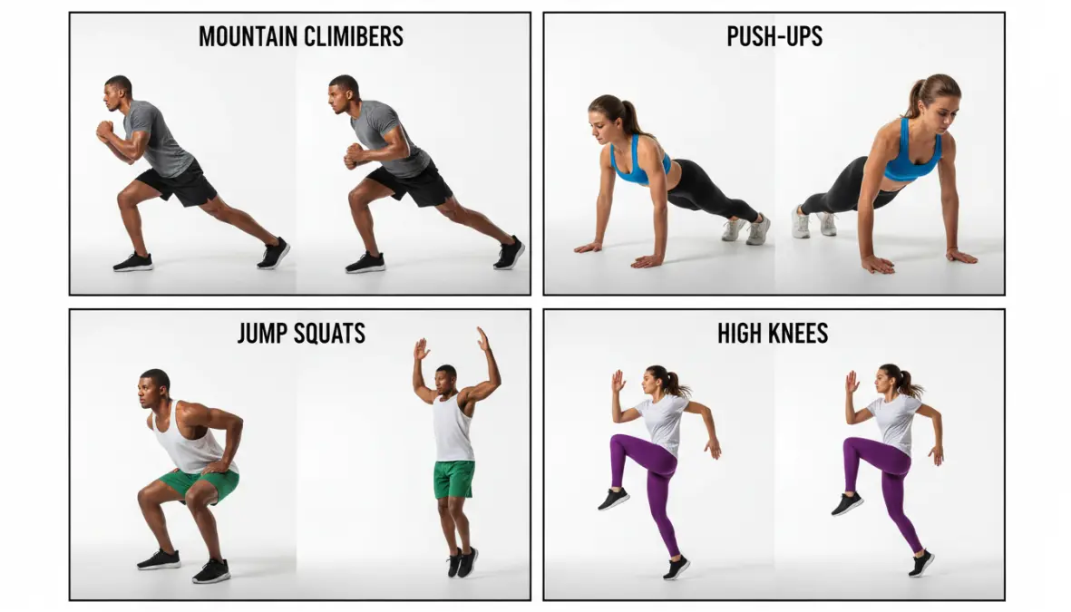 Demonstration of bodyweight cardio exercises including mountain climbers and jump squats