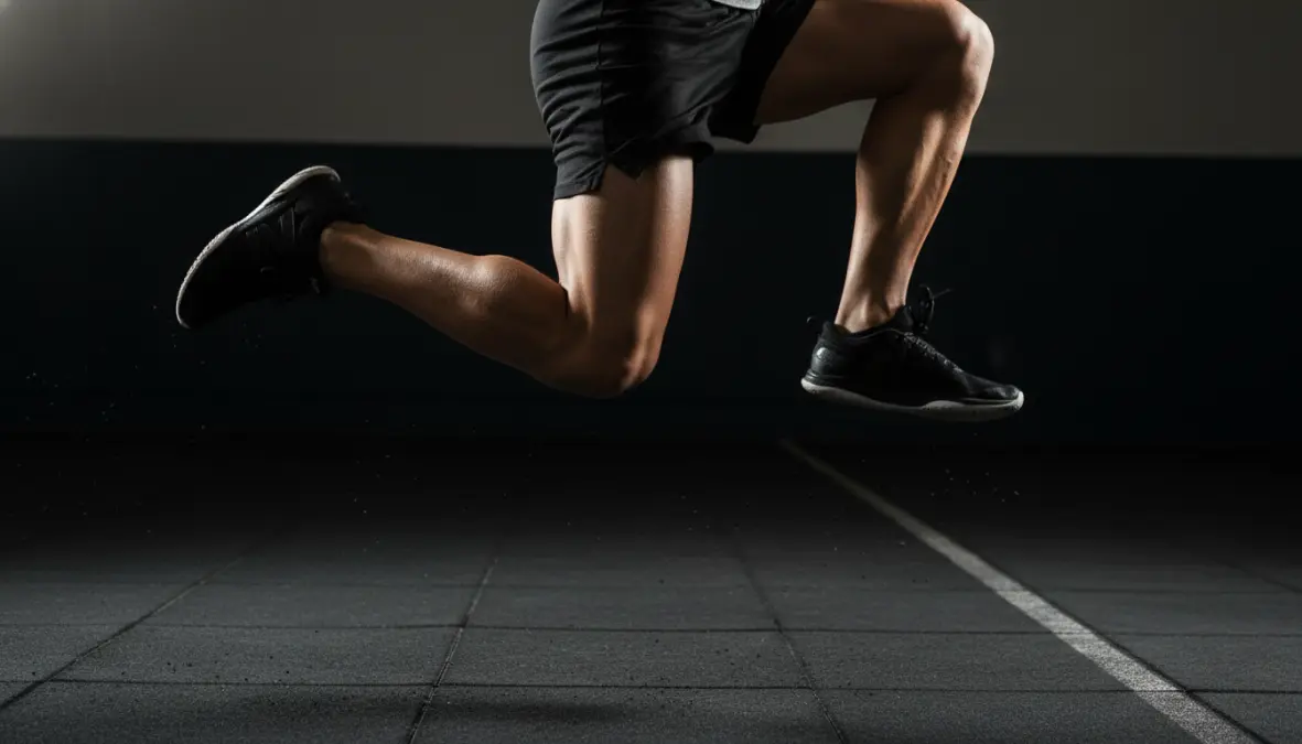 High intensity interval training exercise showing explosive bodyweight lunge jump