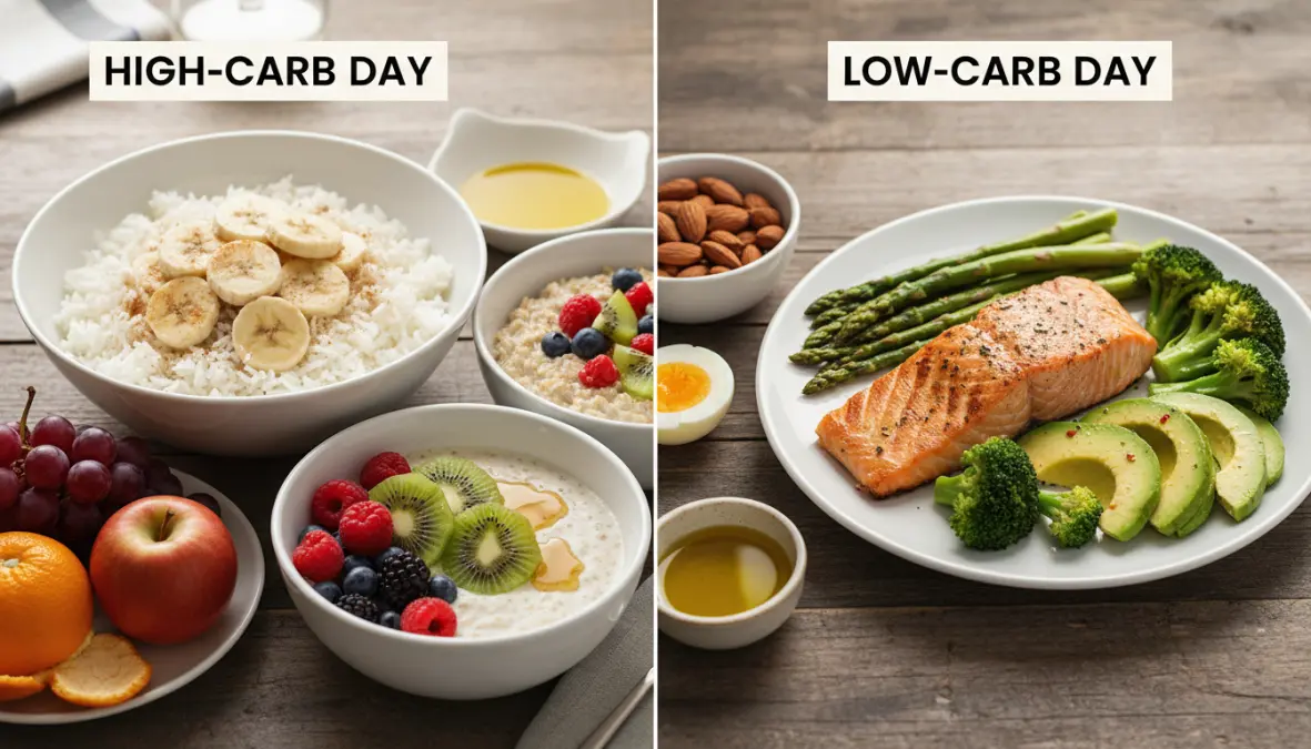 Carb cycling meal plan athletes follow comparing high-carb and low-carb day meals