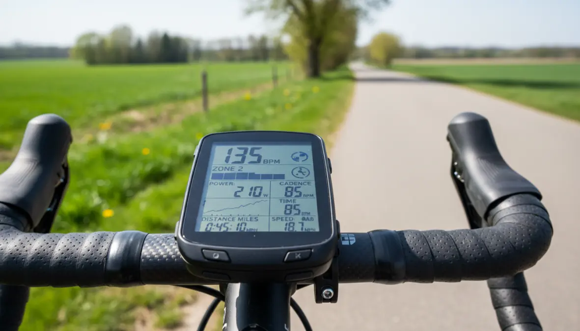 Cycling computer displaying zone 2 heart rate data during spring base training