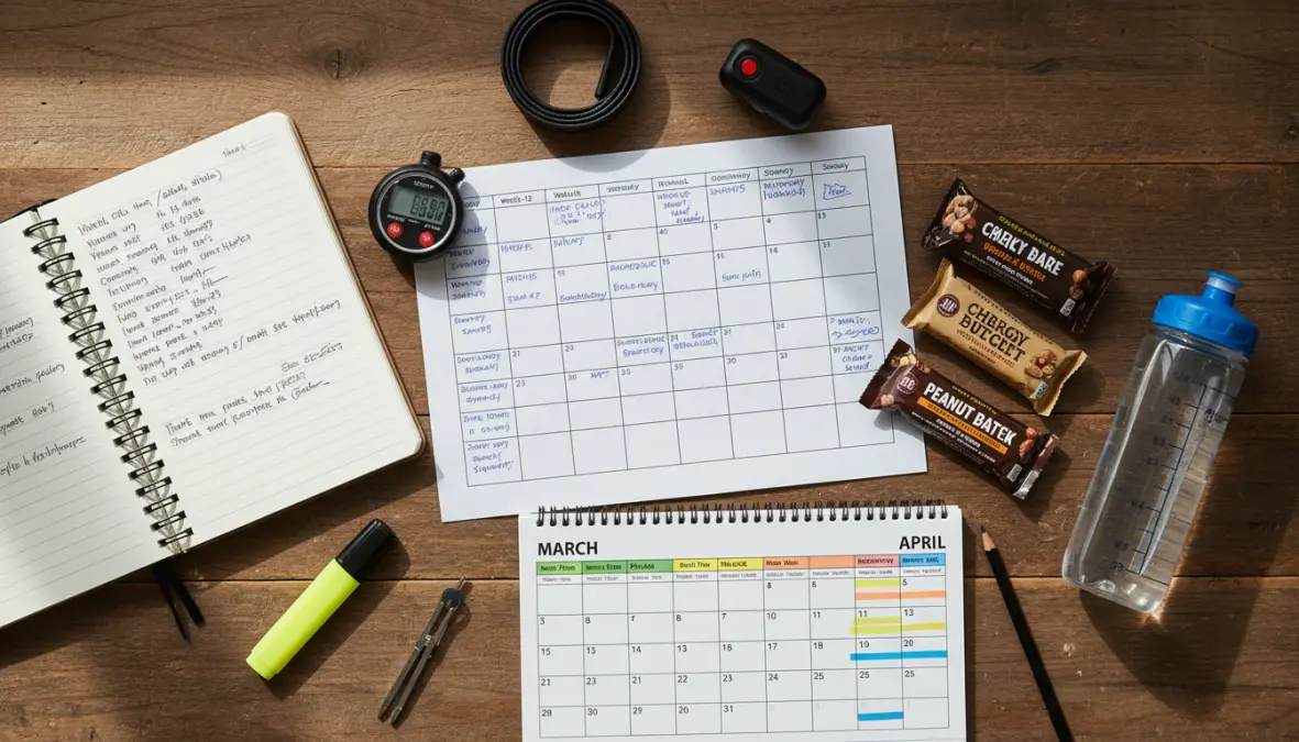 Spring cycling training plan layout with workout schedule and equipment