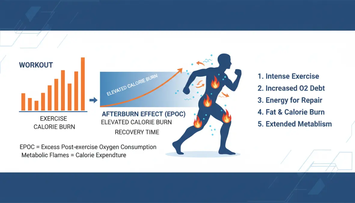 Afterburn effect diagram showing how HIIT training continues burning calories post-workout