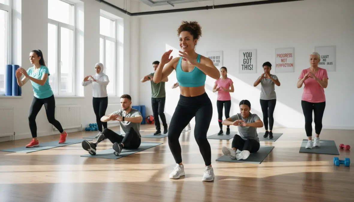 Beginner HIIT workout class showing proper form and modifications for new trainees