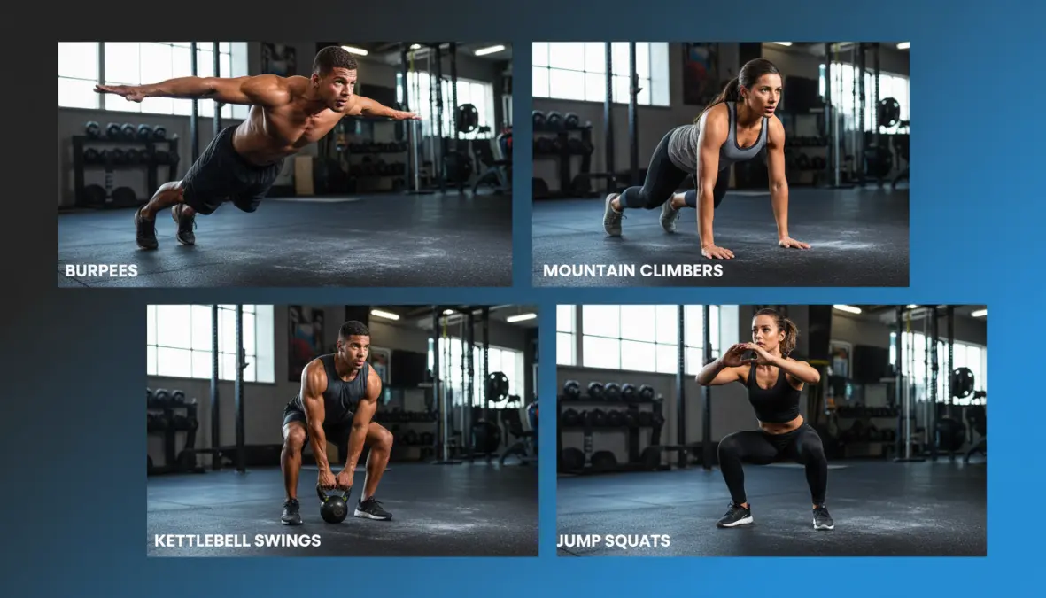 Best HIIT exercises including burpees, mountain climbers, and kettlebell swings for fat loss