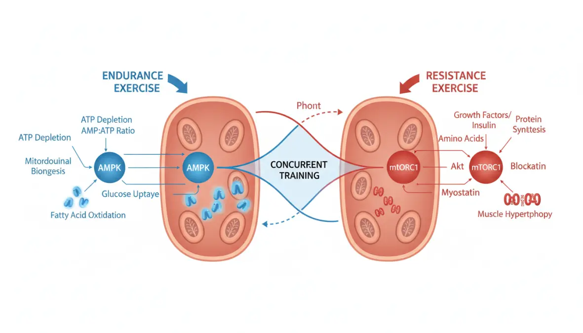 Interference effect diagram showing AMPK and mTOR pathways in concurrent training