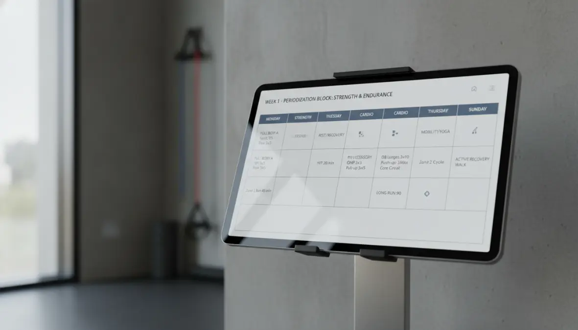 Concurrent training workout schedule showing balanced strength and cardio programming
