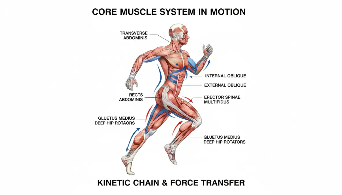 Anatomical diagram showing core muscles used by endurance athletes during running for trunk stability and lumbar spine control