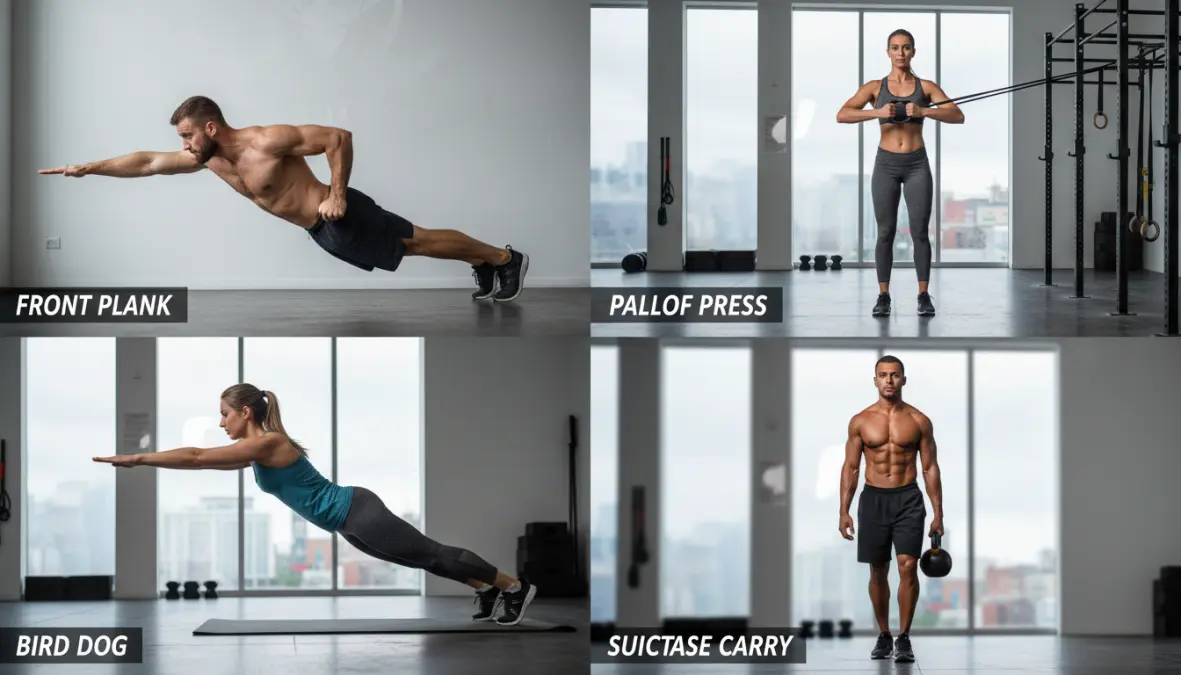 Demonstration of essential functional core exercises for endurance athletes including planks and anti-rotation movements