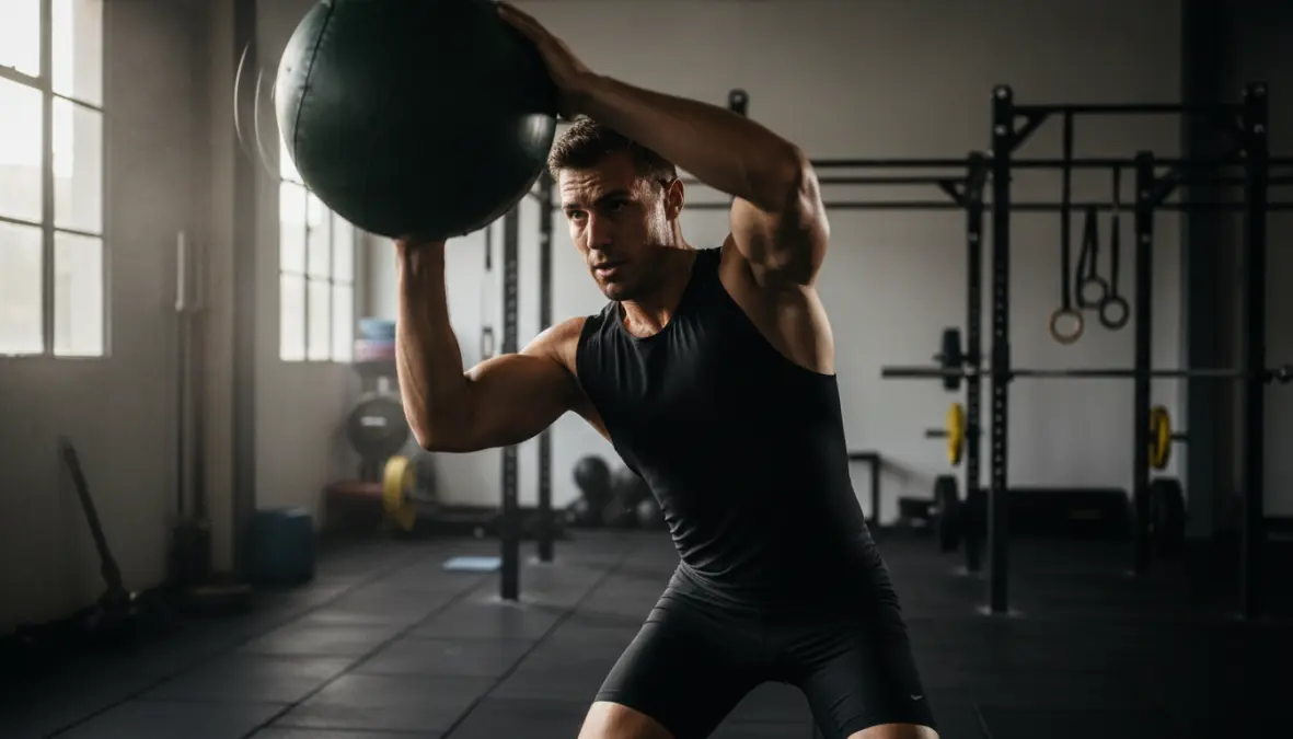 Triathlete performing explosive medicine ball core power exercise for dynamic stabilization and athletic performance