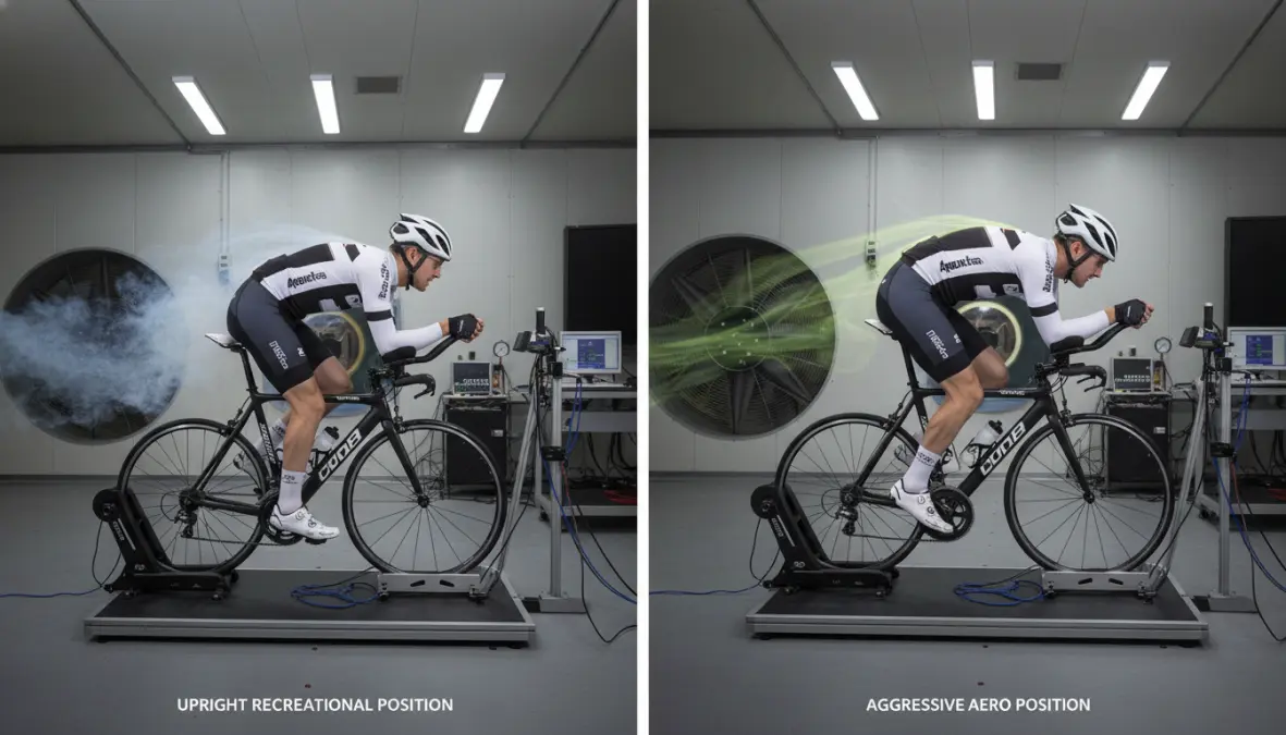 Wind tunnel testing showing airflow comparison between standard and aerodynamic cycling positions