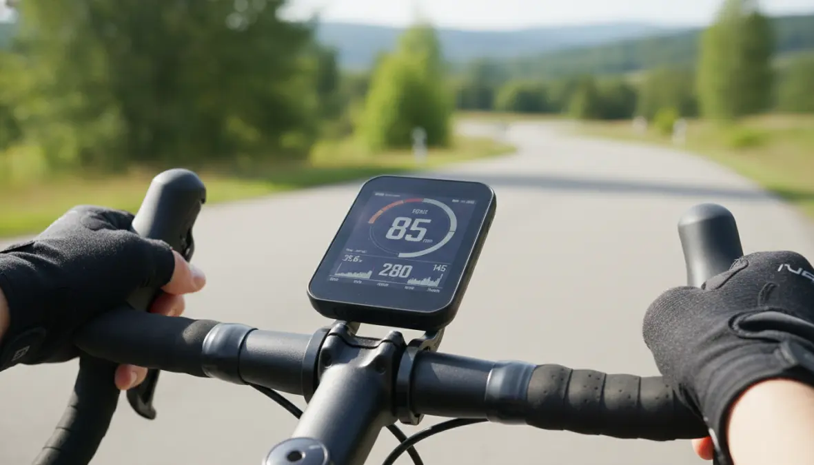 Bike computer showing cycling rpm and cadence metrics for training