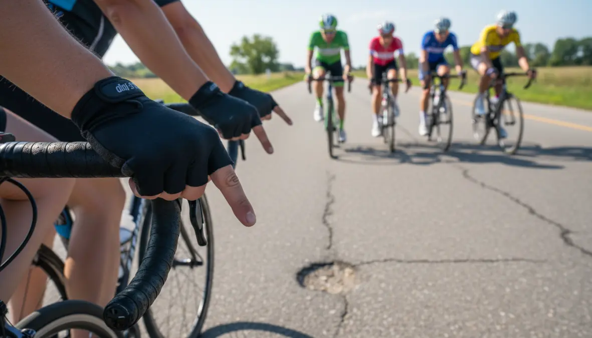 Cyclist demonstrating proper cycling hand signals and calling out hazards during group ride