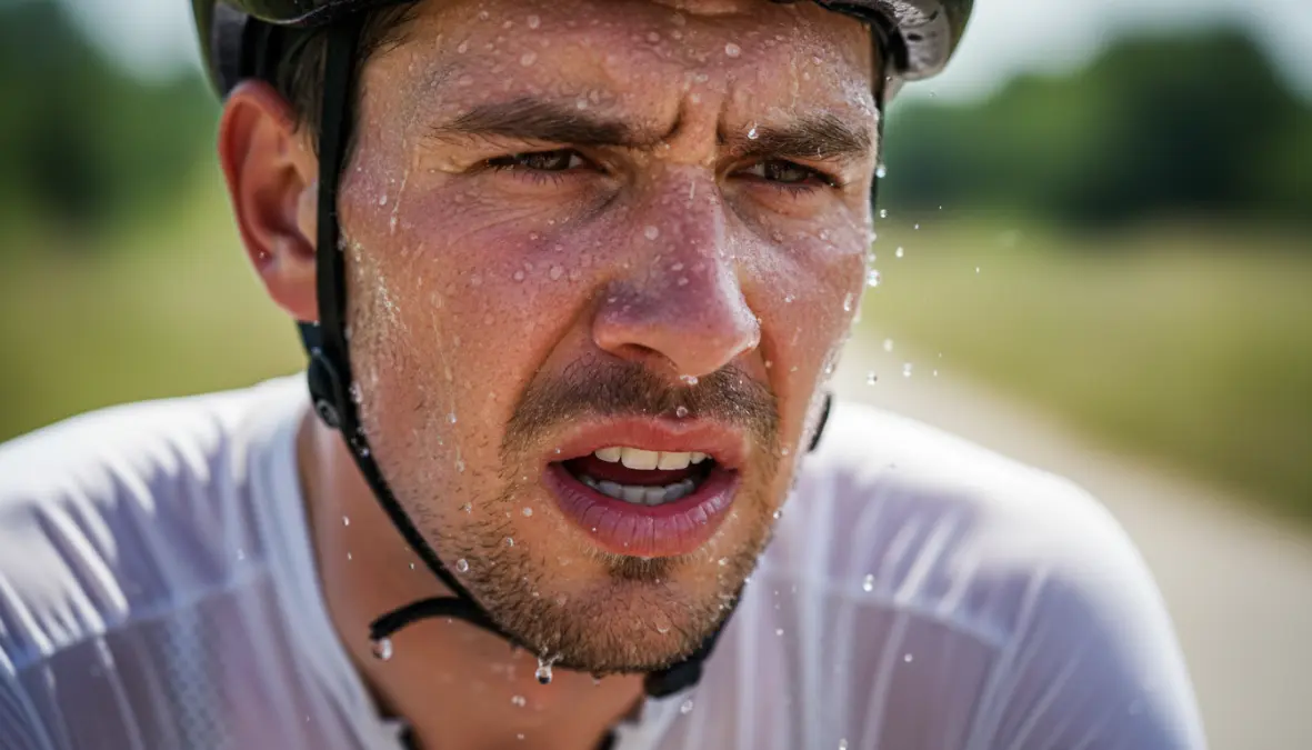 Cyclist showing heat stress and sweating during hot weather cycling training