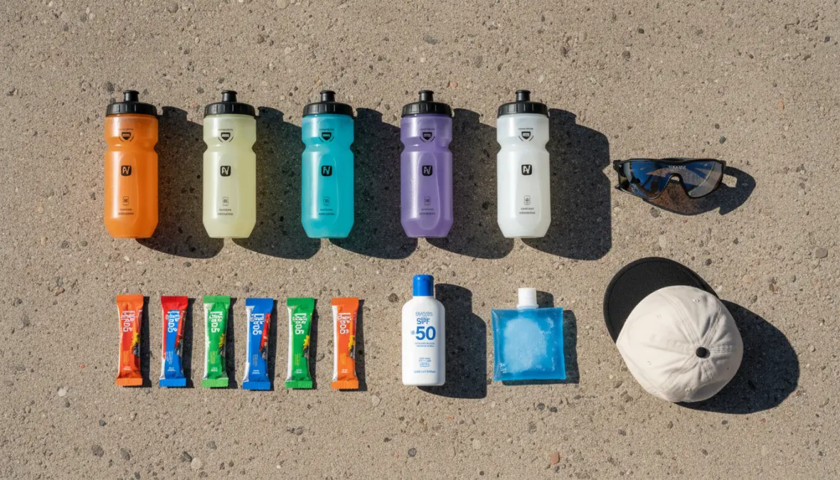 Essential cycling heat safety gear including hydration bottles and sun protection equipment for summer cycling