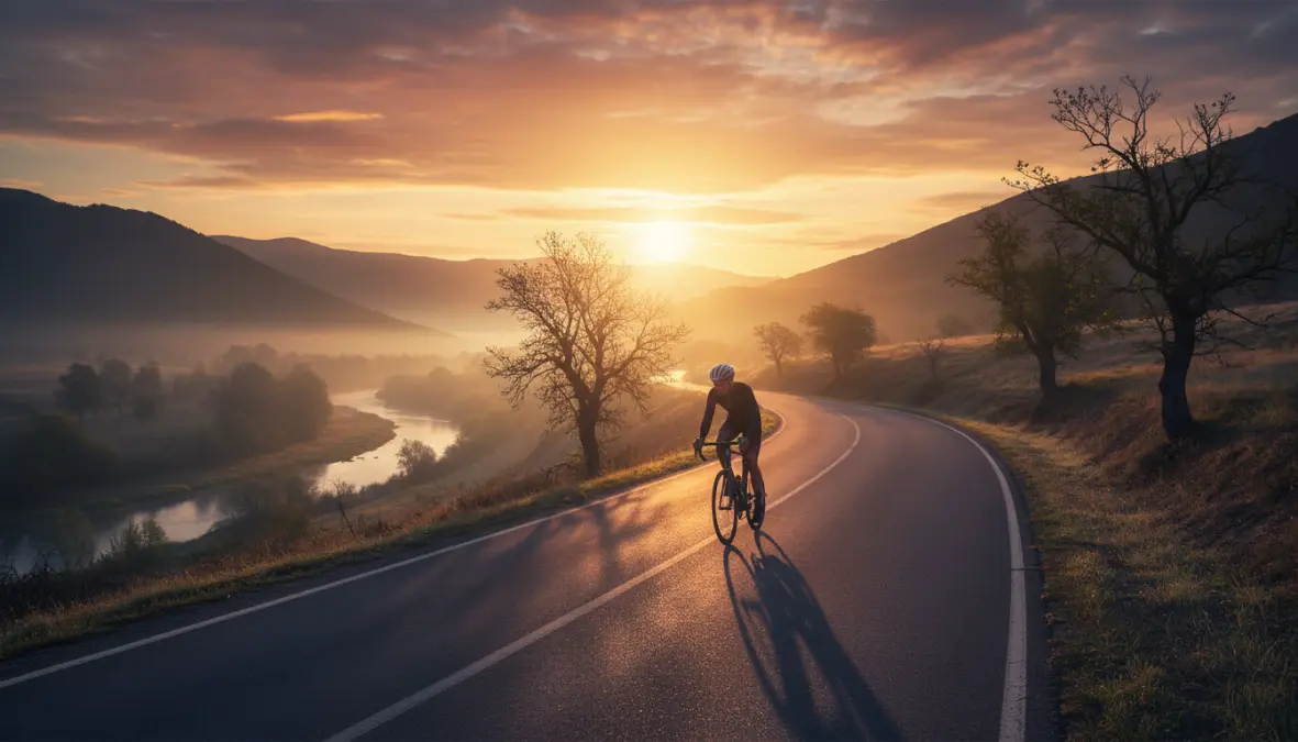 Cyclist riding during early morning hours showing best time to cycle in hot weather conditions