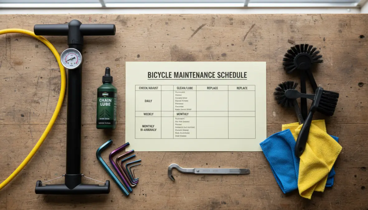 Complete bicycle maintenance checklist with essential tools for bike service schedule