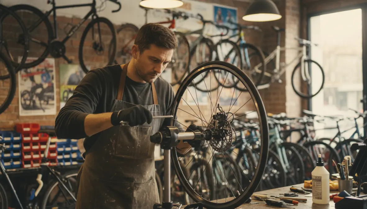 Professional mechanic performing wheel truing and brake adjustment during bicycle service intervals