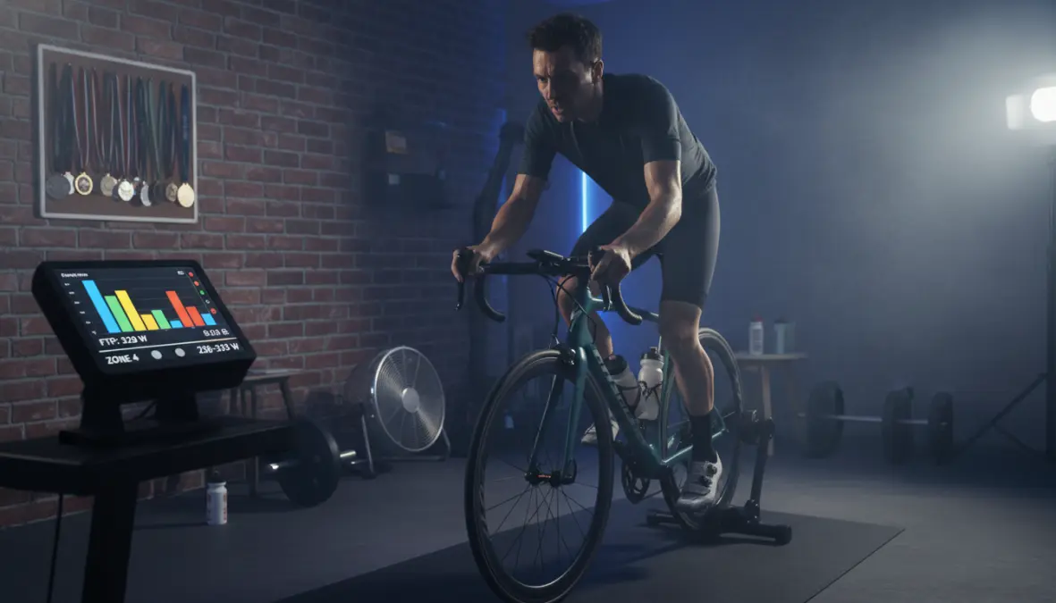 Cyclist performing FTP test to determine functional threshold power and calculate power zones
