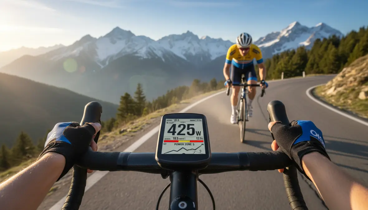 Cyclist training with power meter data during mountain climb to maintain proper power zones