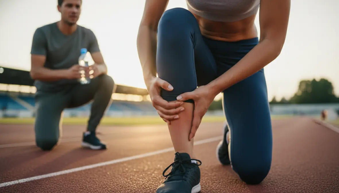Athlete experiencing muscle cramps from electrolyte imbalance during sports training
