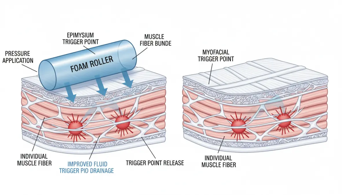 Diagram showing fascia tissue and myofascial release mechanics during foam rolling