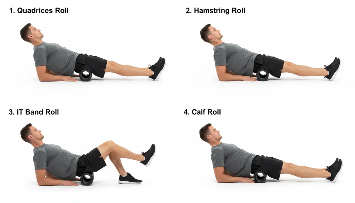 Lower body foam roller exercises for legs including quadriceps and IT band techniques