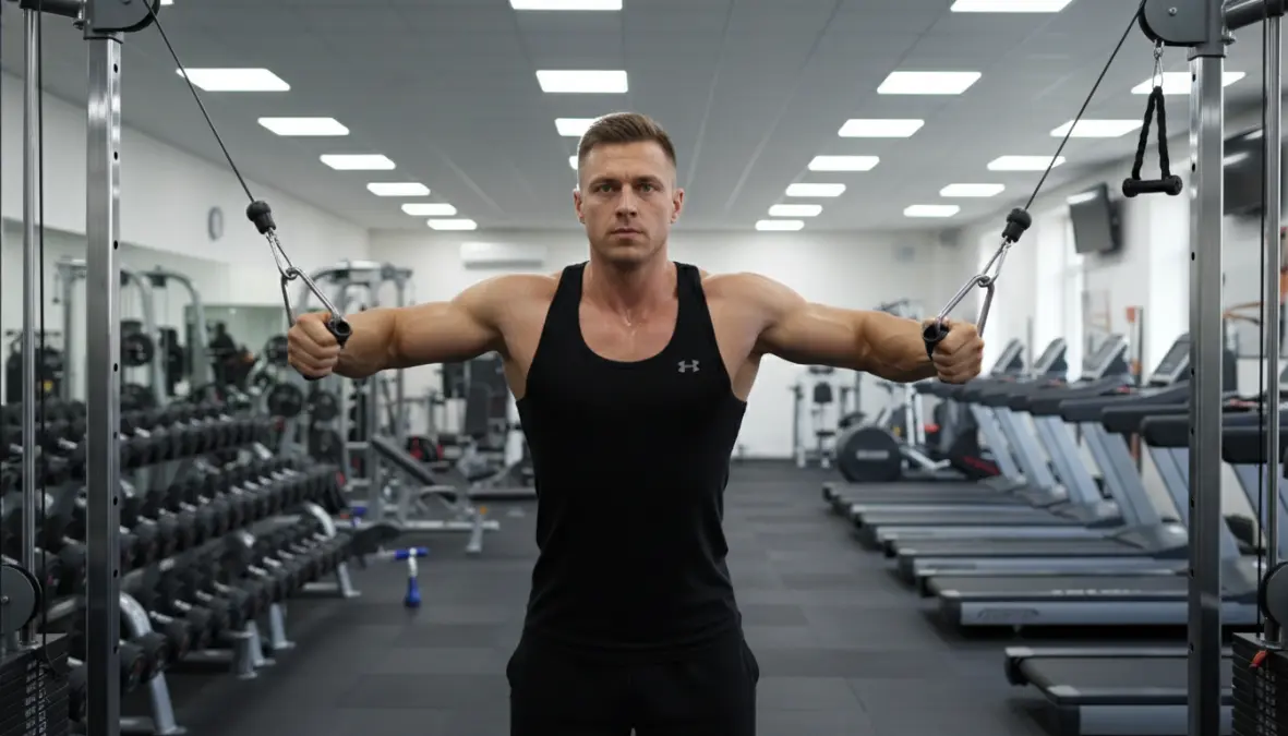 Person doing traditional gym workout with isolation exercises on cable machine