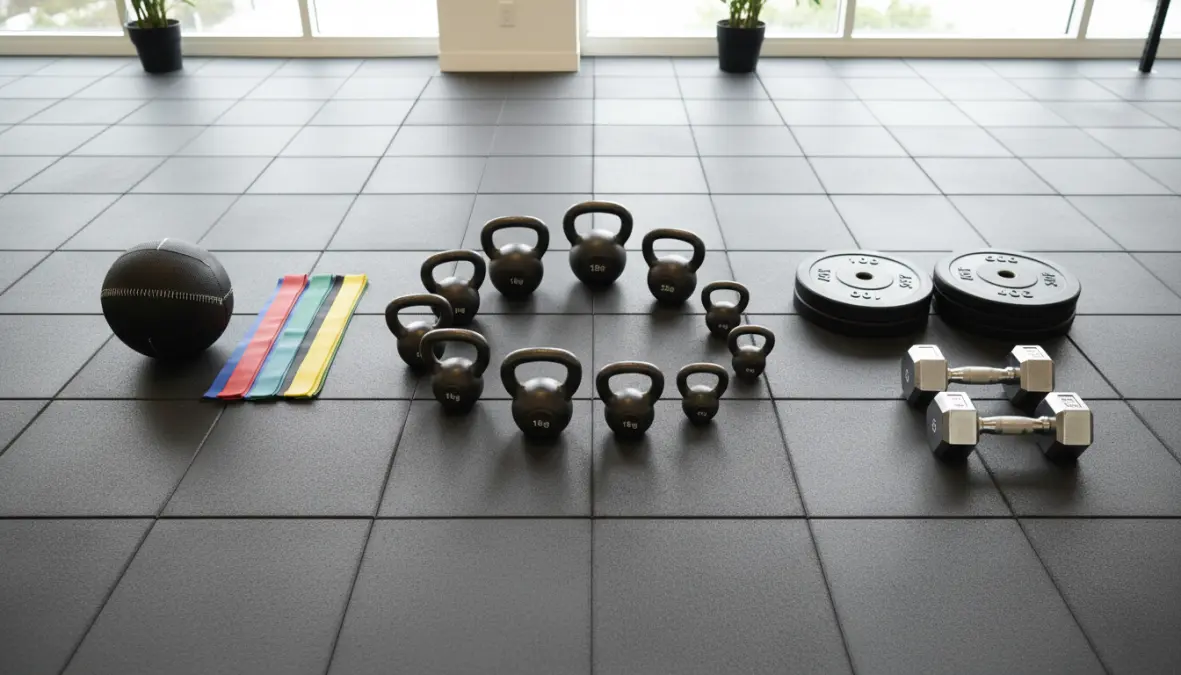 Variety of functional training and traditional gym equipment for hybrid workout approach