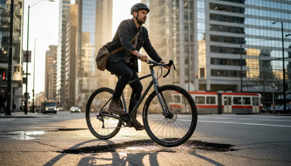 Gravel bike commuting through urban streets showing versatility for daily commute
