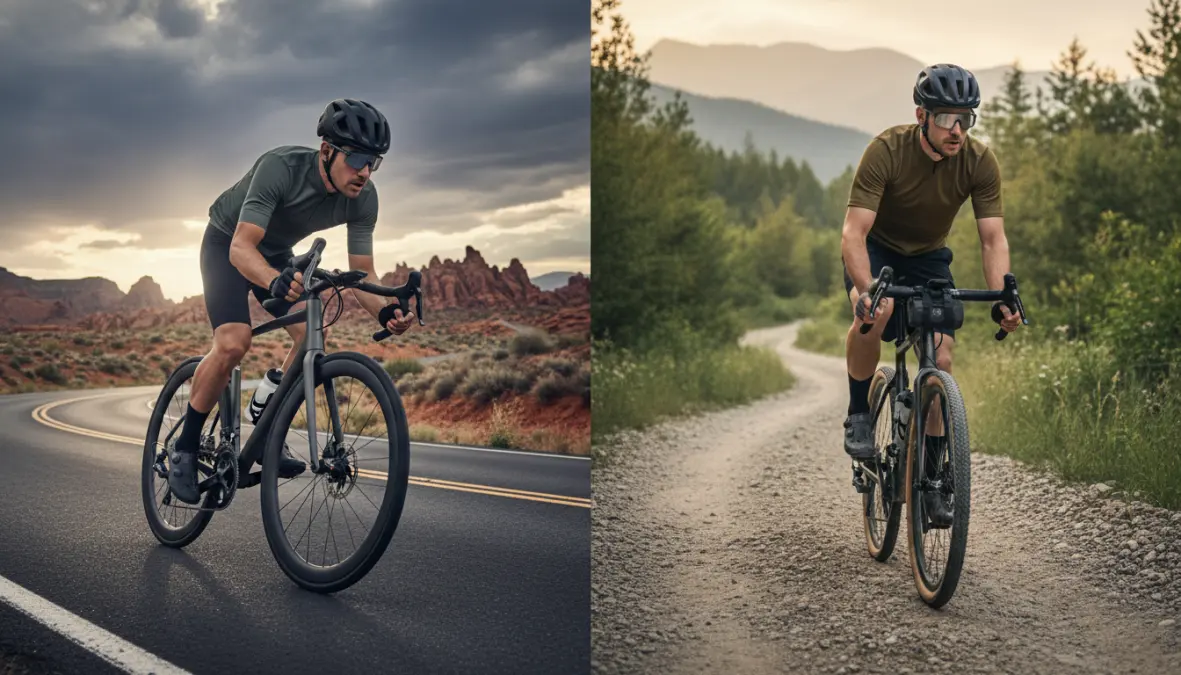 Bike geometry differences showing road bike aggressive position versus gravel bike comfortable riding stance