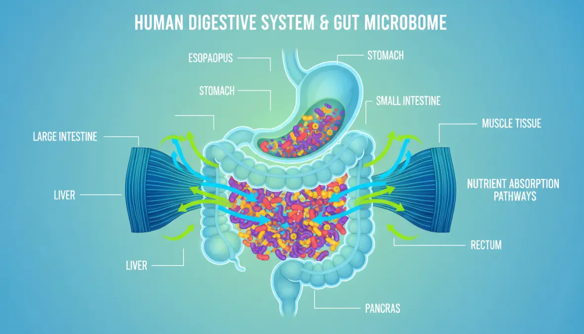 Gut microbiome performance diagram showing digestive health connection to athletic performance