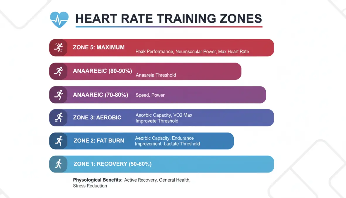 Visual chart displaying five heart rate training zones with percentages and intensity levels