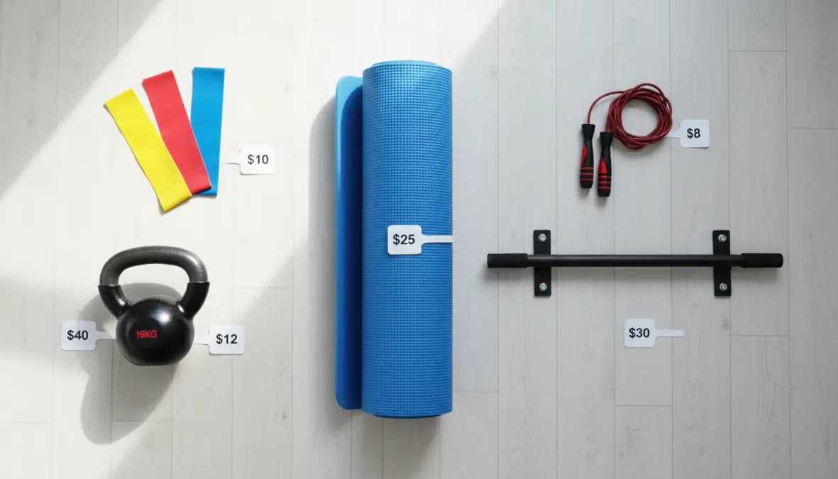 essential home gym equipment on budget including resistance bands, kettlebell, yoga mat and pull-up bar