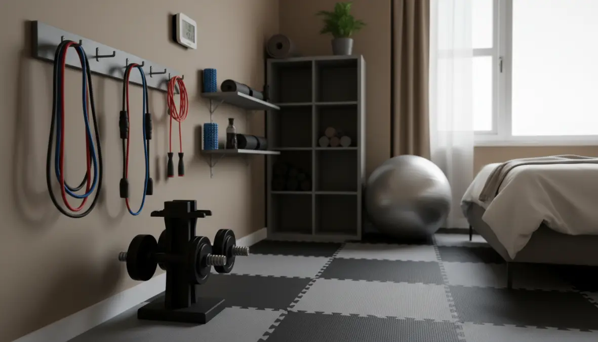space-saving home gym setup in small apartment with budget workout equipment and storage solutions