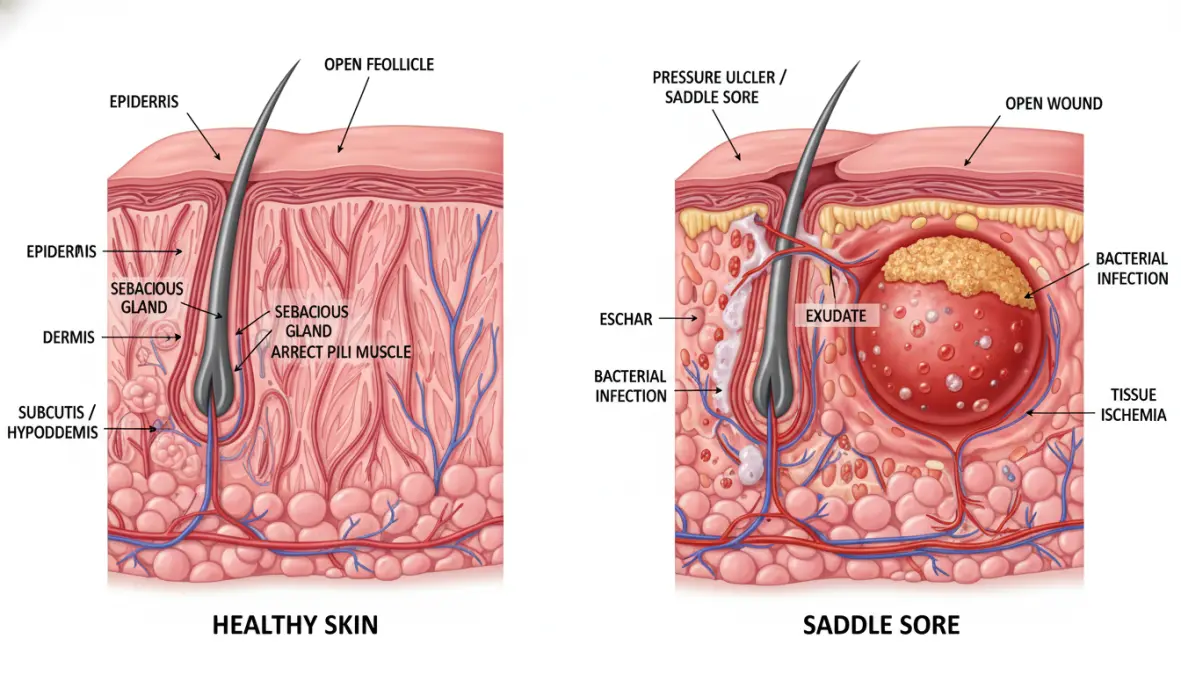Anatomical diagram showing difference between chafing and cycling saddle sores beneath skin