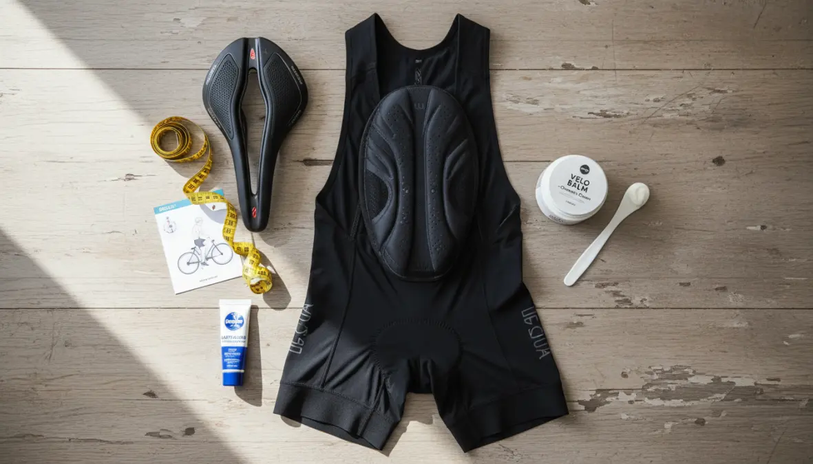 Essential products for saddle sore prevention including chamois cream and padded cycling shorts