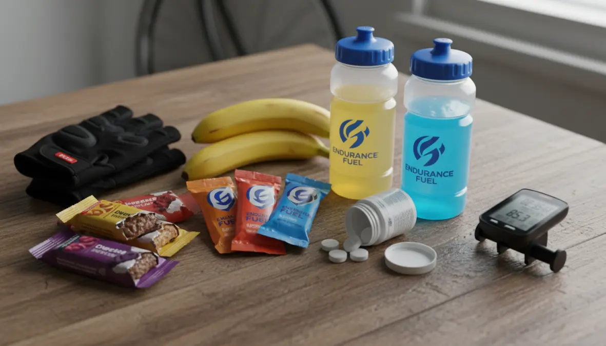 Cycling nutrition strategy setup with energy gels and hydration for century ride training