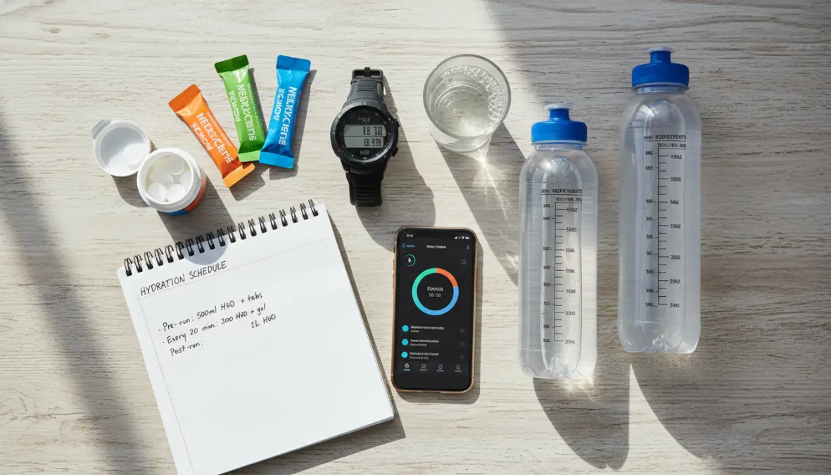 Marathon hydration plan with sports drinks and electrolyte replacement products