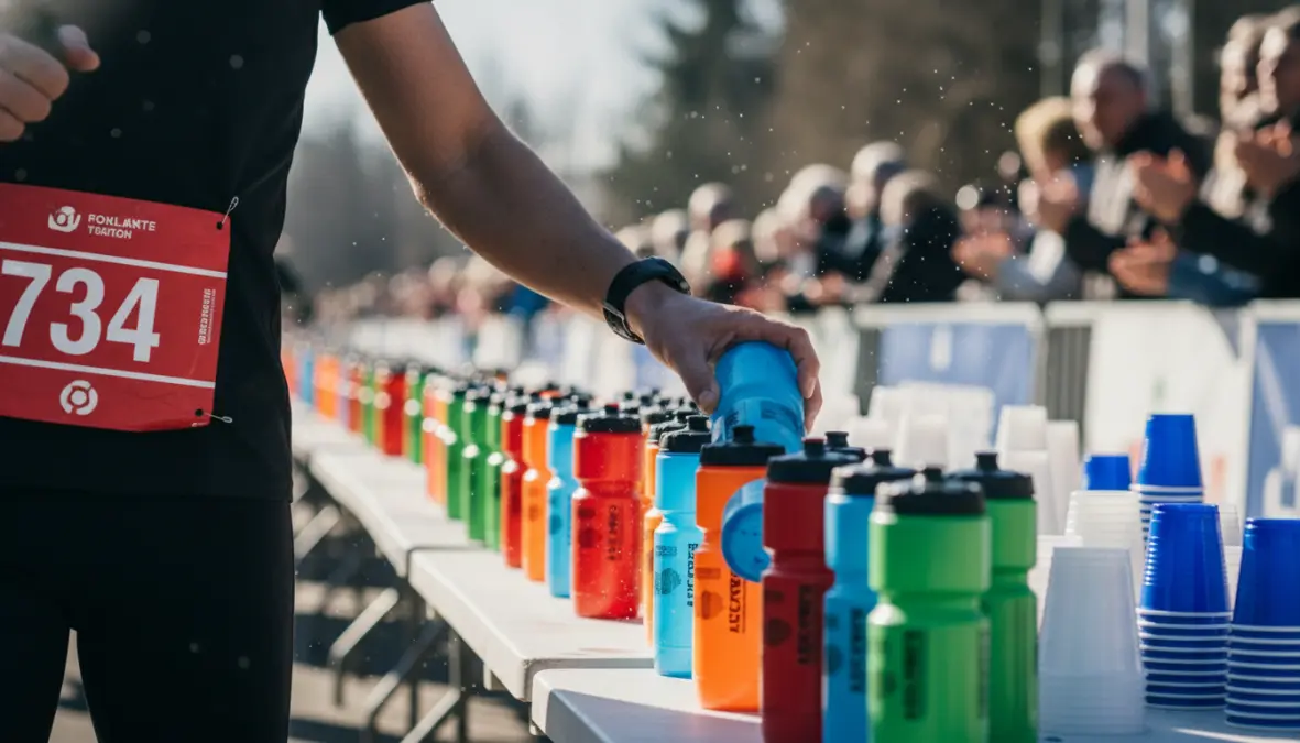 Runner implementing fluid intake during exercise at marathon aid station