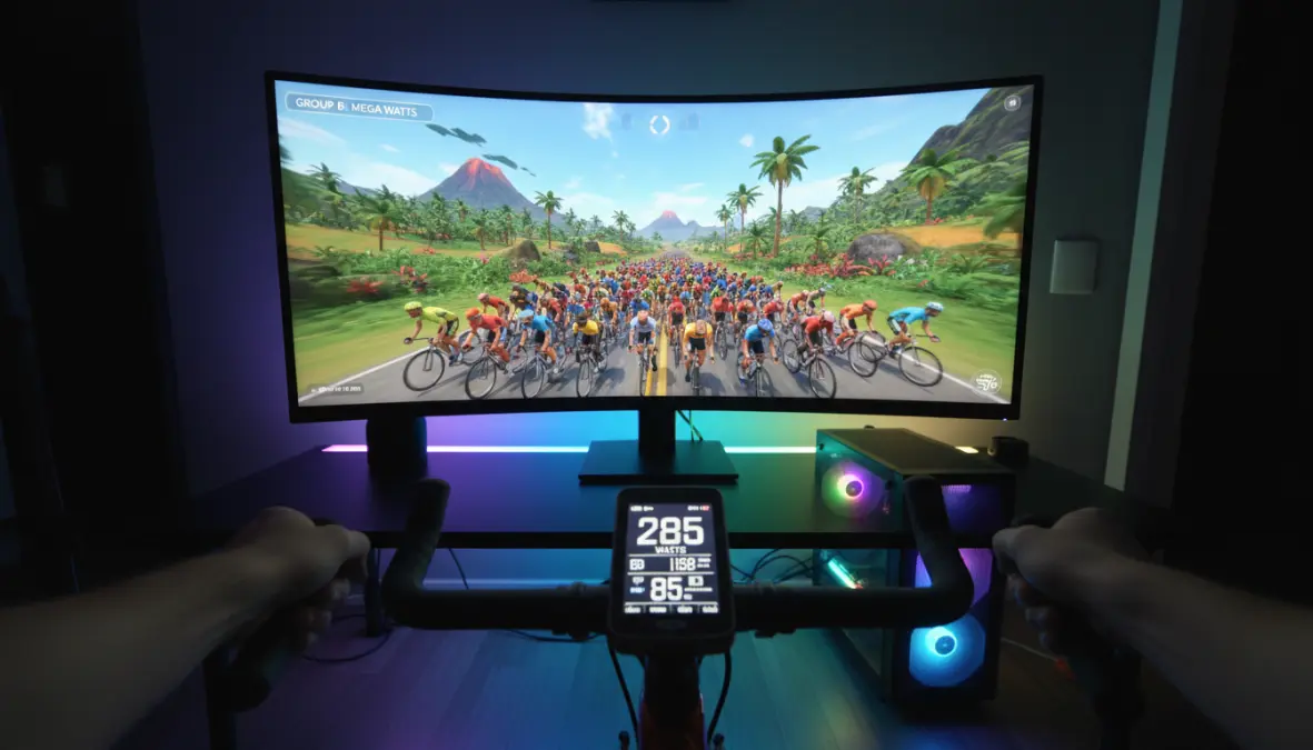 Zwift virtual racing experience with multiplayer cycling and gamification features on display