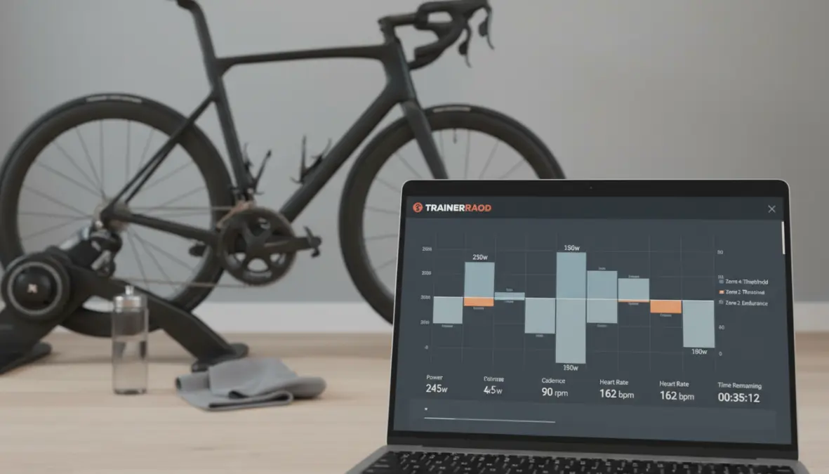 TrainerRoad structured workout plans interface showing FTP training intervals and cycling metrics