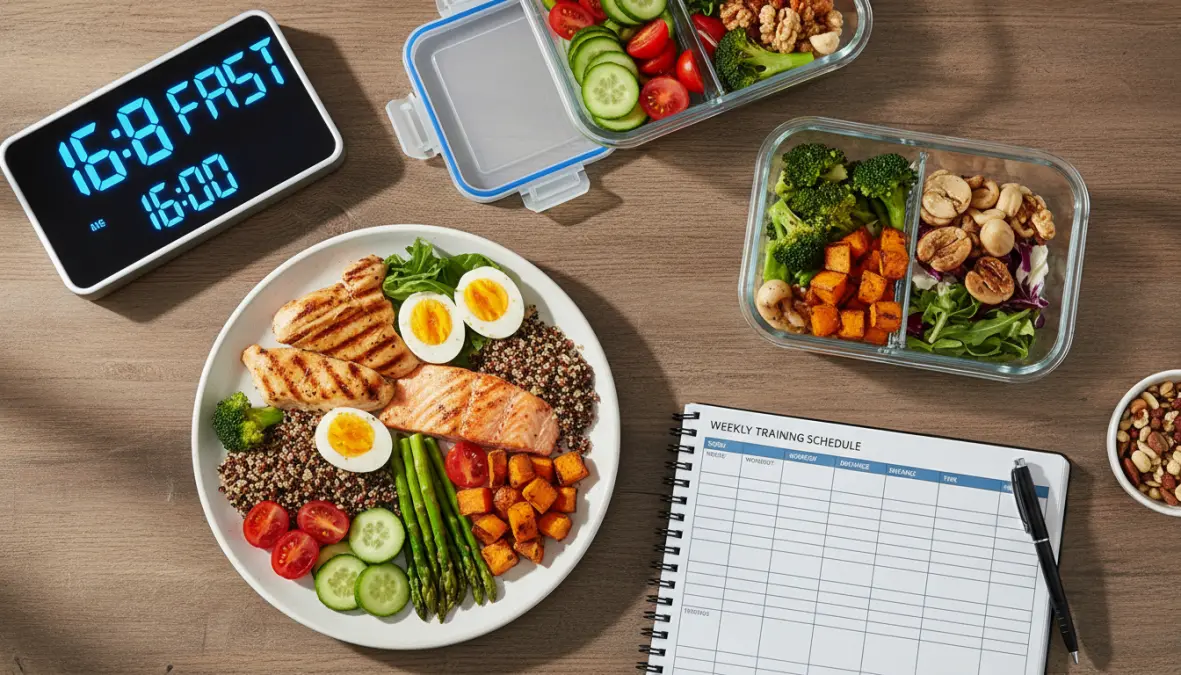 Best intermittent fasting schedule for athletes showing 16:8 protocol meal timing and nutritious foods