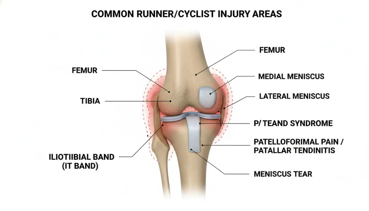 Anatomical diagram showing knee structures affected by patellofemoral pain syndrome and IT band syndrome in athletes